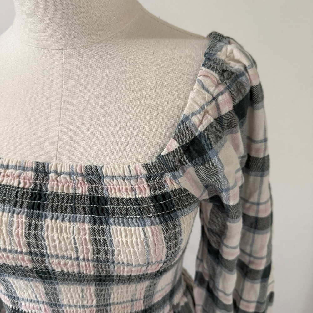 Madewell Lucie Plaid Smocked Shirred Square Neck Midi Dress Small Cottage Prarie - Picture 3 of 10